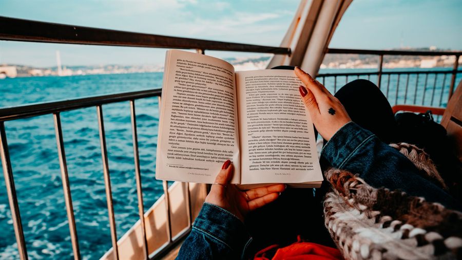 Reading a book at a railing above blue sea